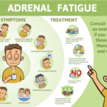 Adrenal Fatigue symptoms and treatment. Infographic poster with text and character. Flat vector illustration, horizontal.